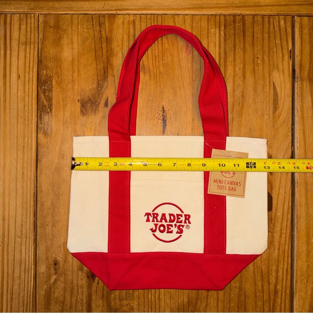 MINI NWT Trader Joe’s Mini Canvas Reusable Tote Bag - Cream with Red Straps - Picture 2 of 10